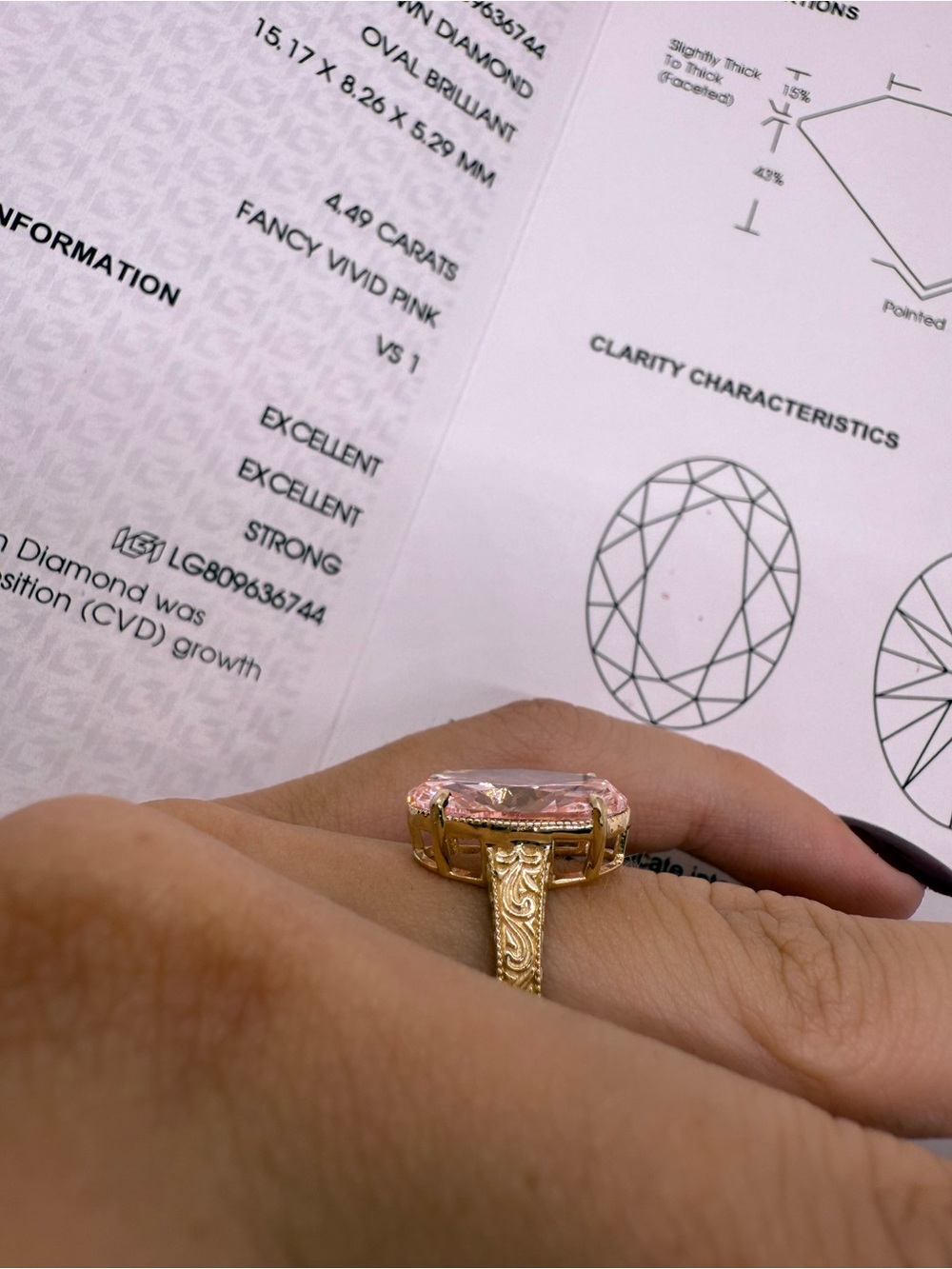 4.49 carat fancy vivid pink VS1 oval diamond engagement ring vintage style - Picture 3 of 12
